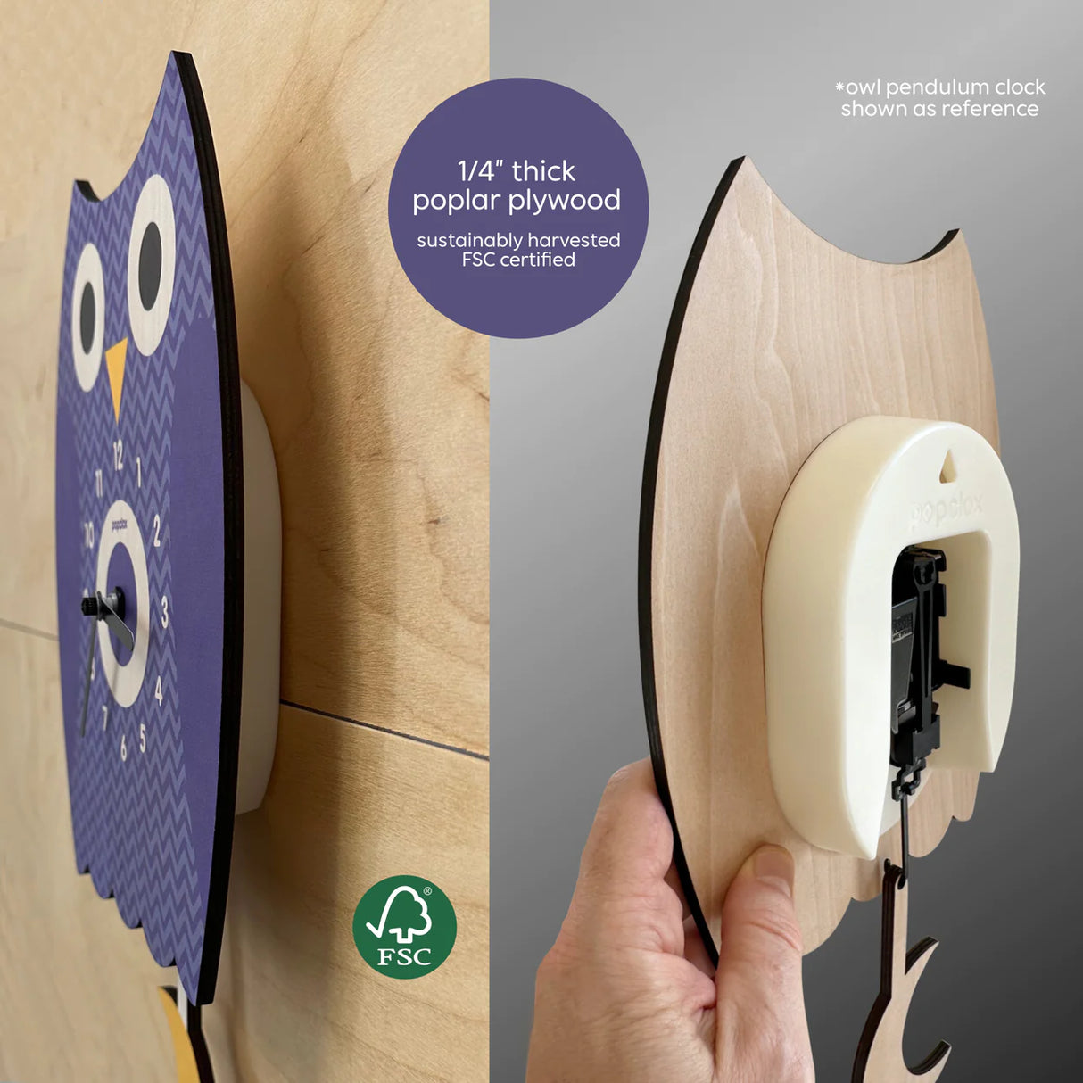 Wood Pendulum Clock | Purple Owl